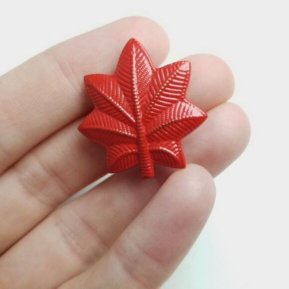 Vintage Red Enamel Leaf Shape Brooch, Stamped All In Jest on Back, Lapel Pin - Picture 2 of 7